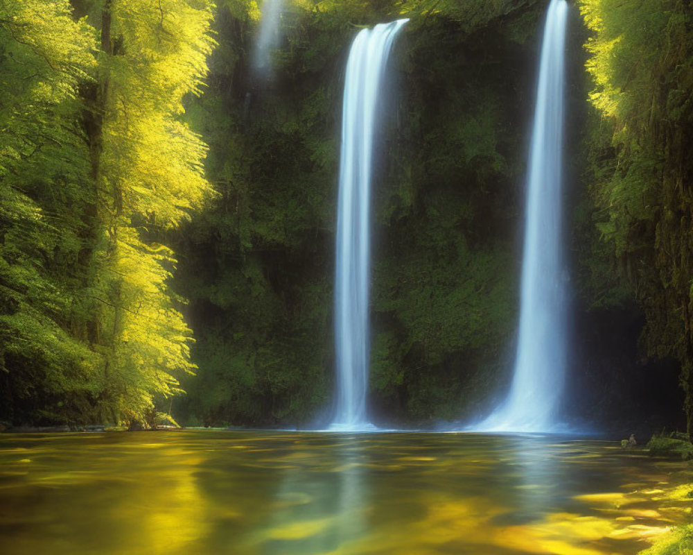 Serene Waterfall Scene with Lush Greenery