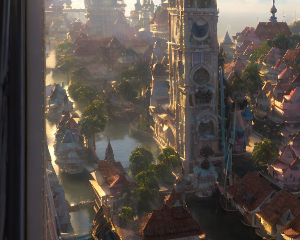 Picturesque European-style cityscape at sunrise with tranquil waterways