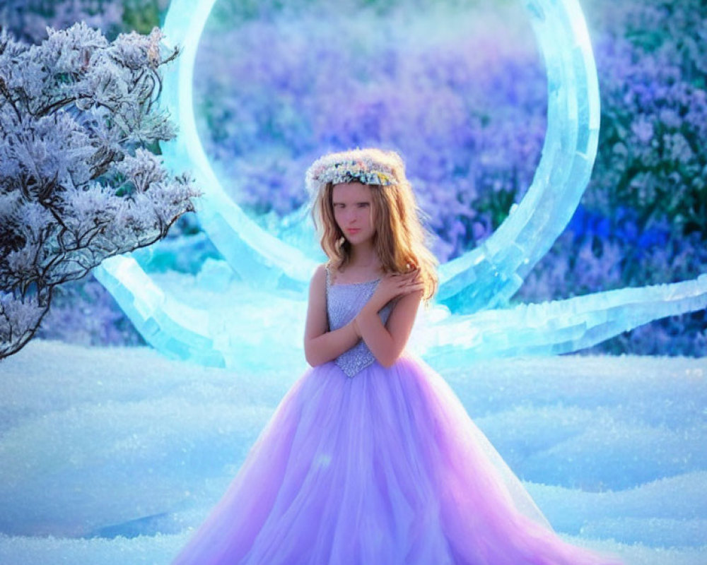 Girl in Purple Gown and Floral Crown Surrounded by Snow and Flowers