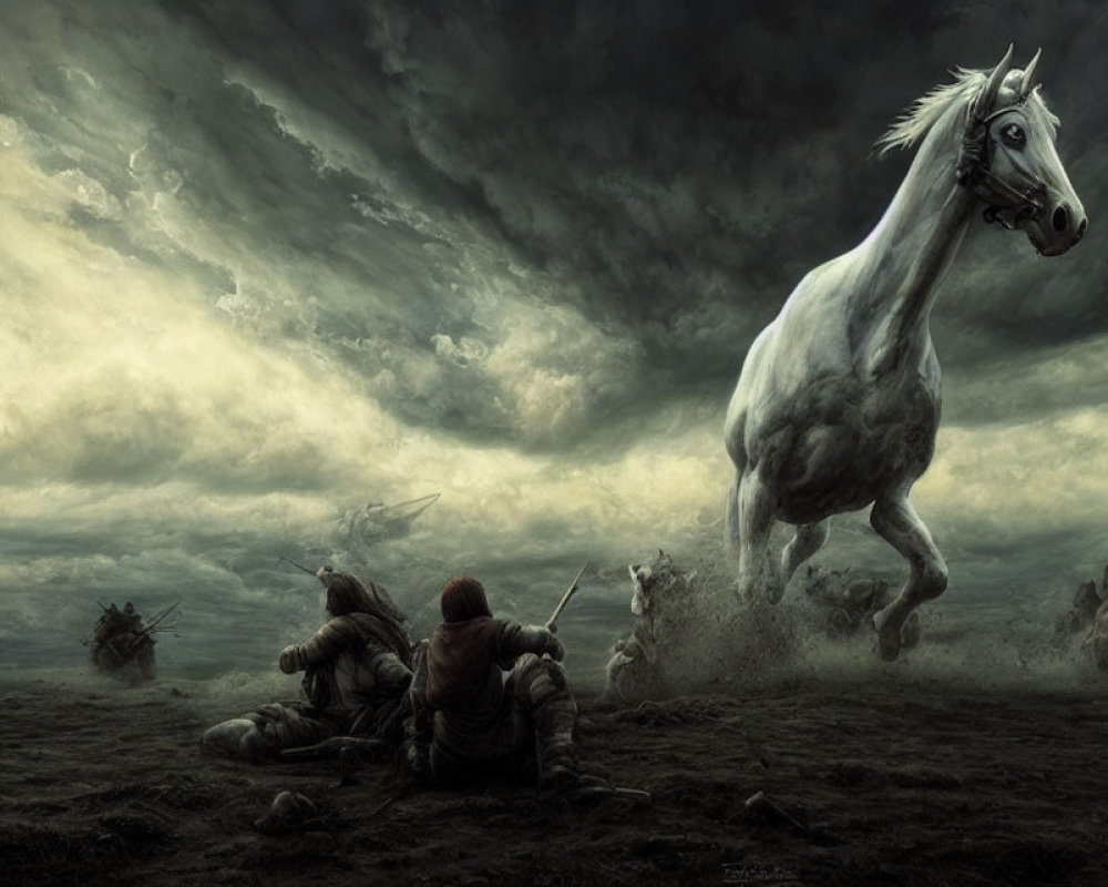 White horse rearing in stormy sky with tense figures