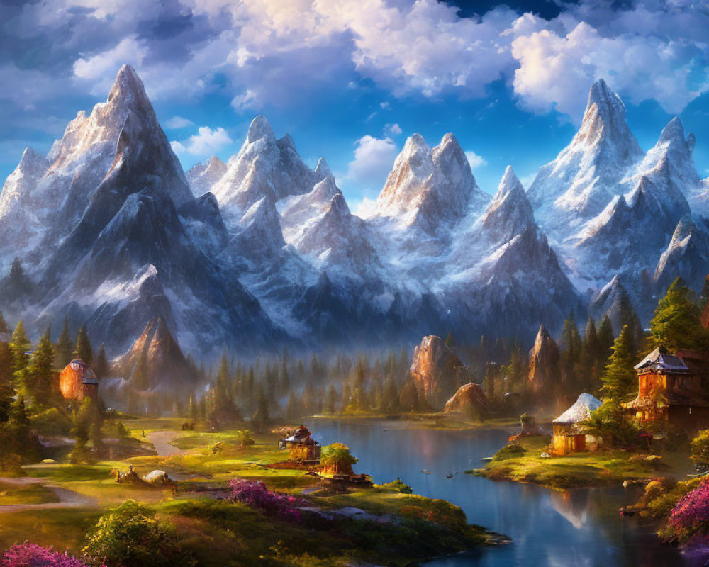 Sharp mountain peaks, serene lake, vibrant flowers, quaint houses under dramatic sky