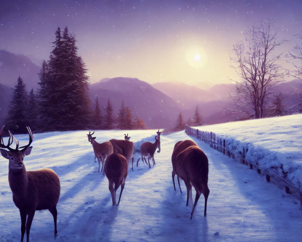 Deer herd in snowy landscape at dusk with starry sky