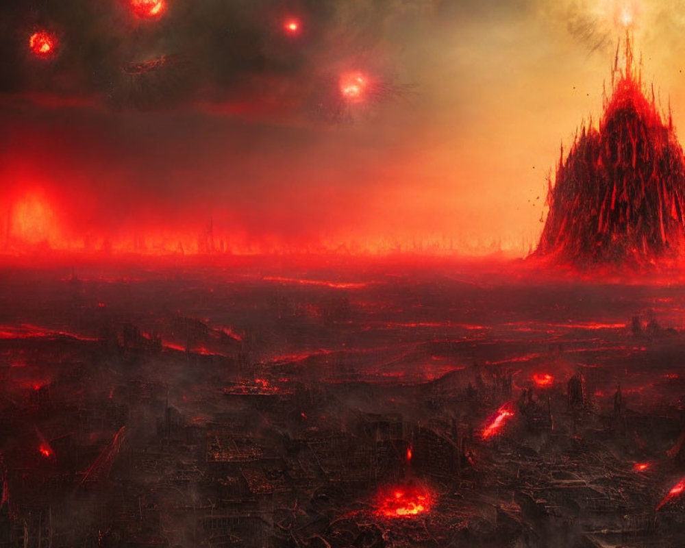 Dystopian landscape with fiery sky, destroyed city, lava flows, and ominous red orbs.