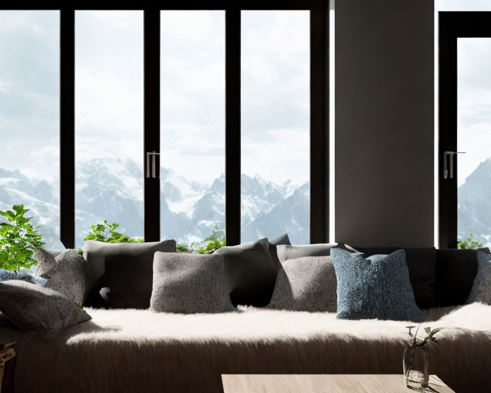 Spacious modern room with plush sofa and mountain view