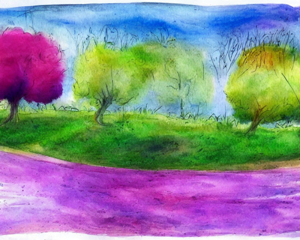 Vibrant Watercolor Landscape: Pink and Green Trees, Purple Road, Blue Sky