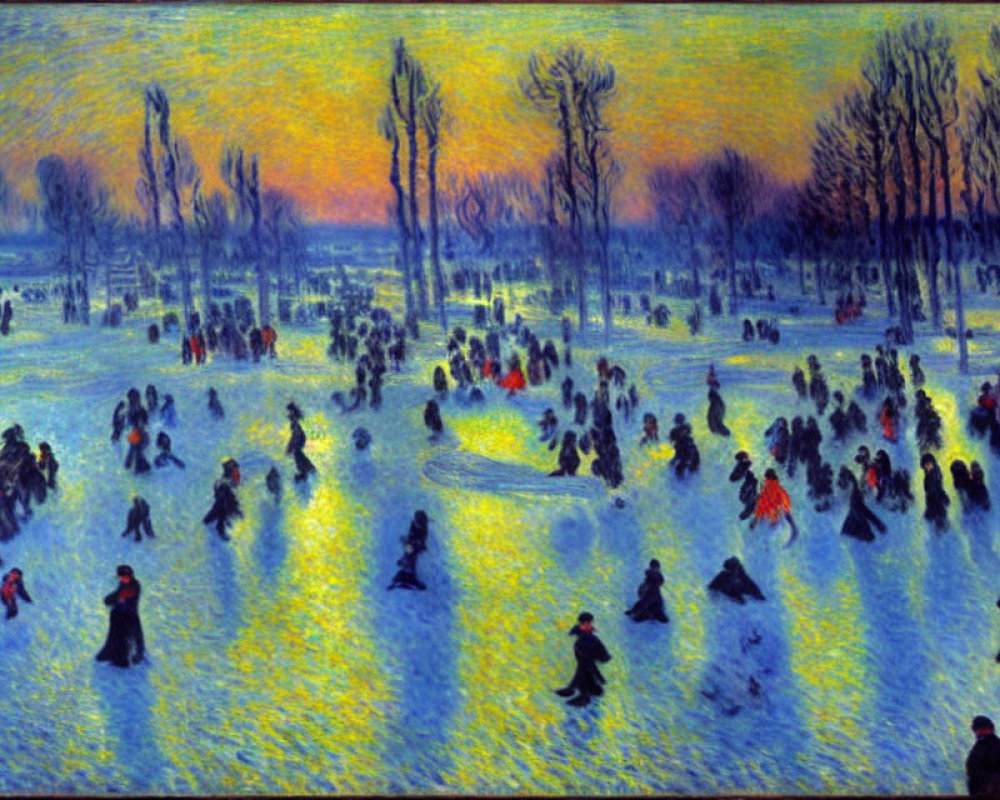 Impressionist painting of people ice-skating on frozen expanse