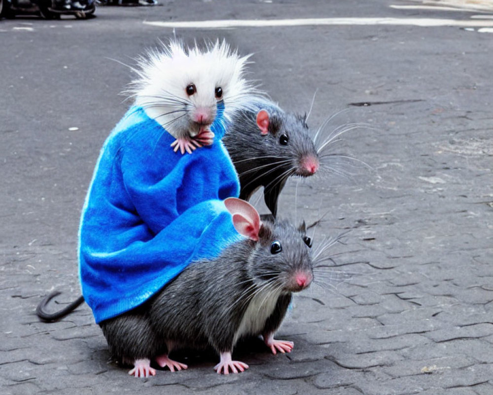 Street scene with two rats, one in blue cloth, posing for camera