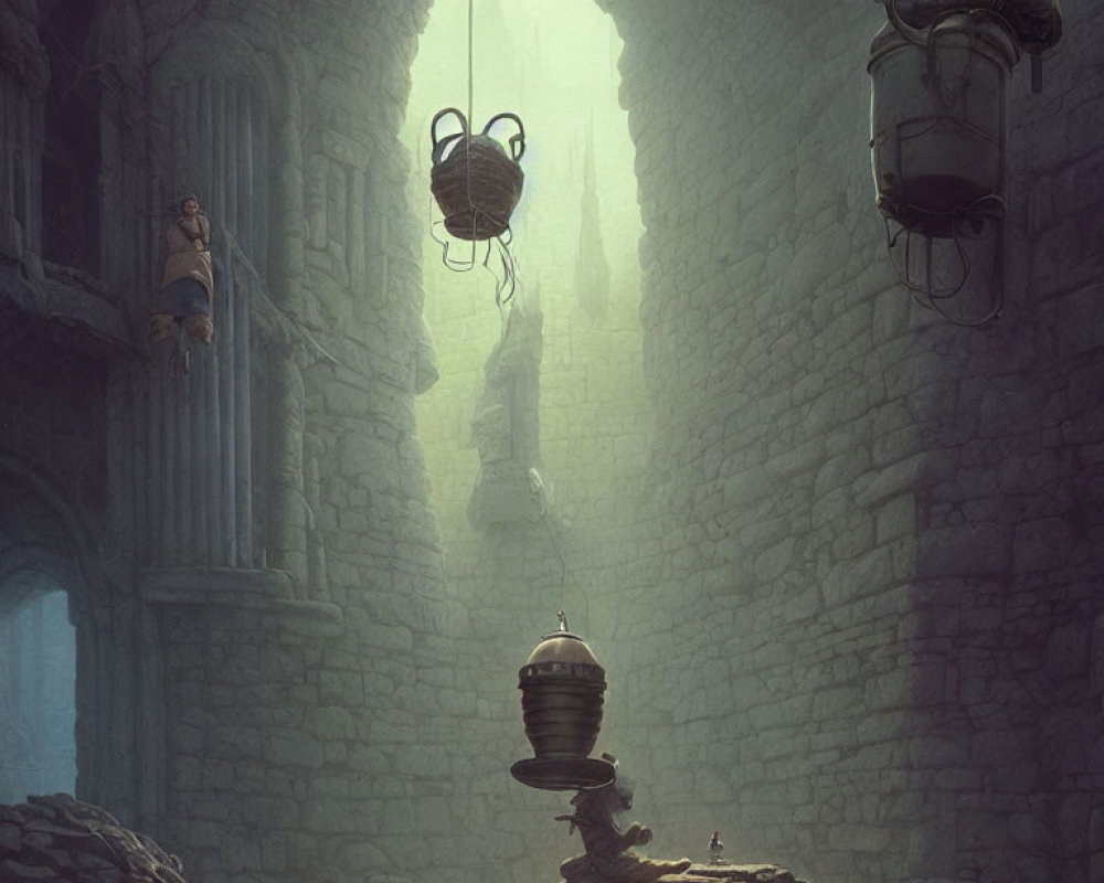 Mysterious Ancient Well with Hanging Lanterns and Figure in Soft Light