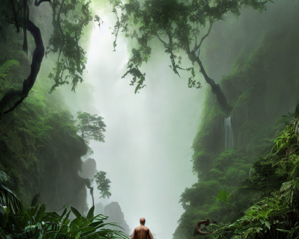 Person in lush jungle with cliffs and waterfall