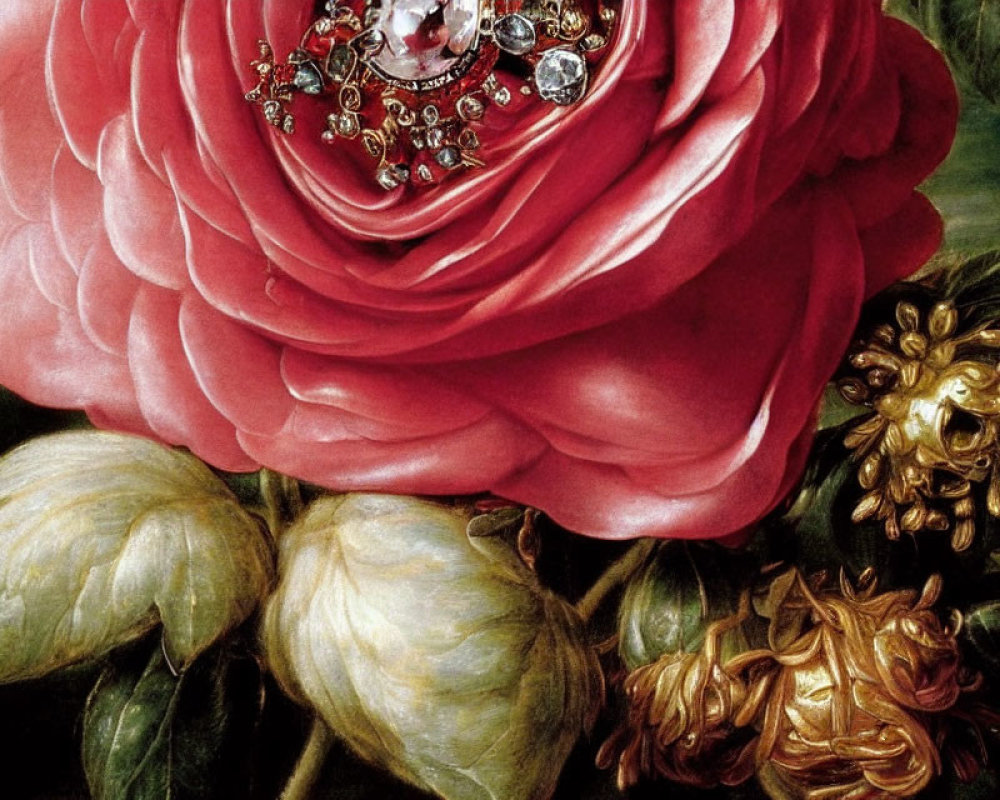 Baroque painting close-up: Pink rose with gemstones, green leaves, golden flourishes