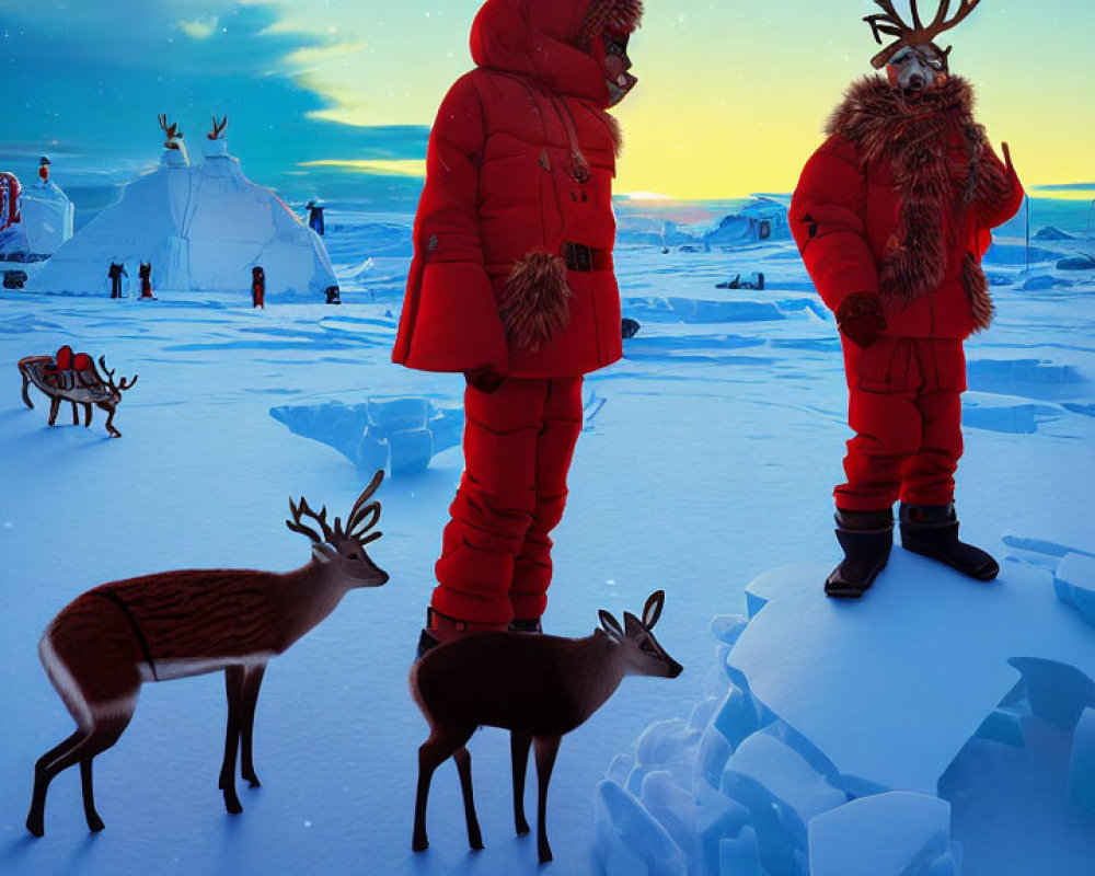 Two People in Red Winter Coats Near Reindeer and Igloos under Twilight Sky