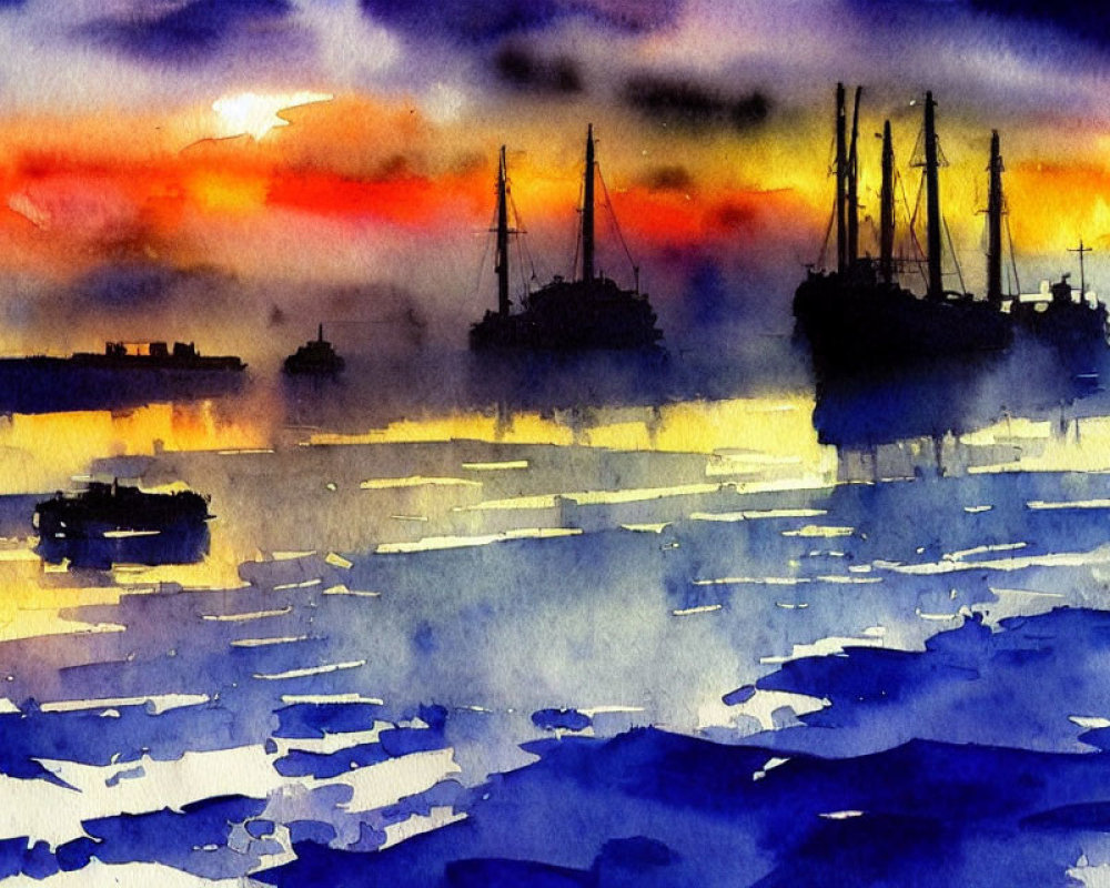 Spectacular watercolor painting of harbor at sunset