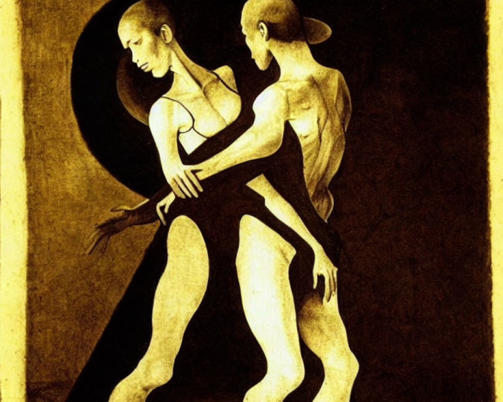 Intimate Dance Painting with Male and Female Figures on Golden Yellow Background