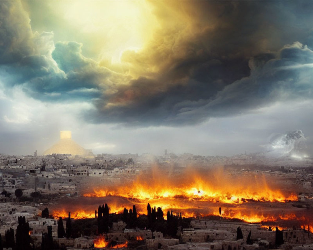 Cityscape with fires, dark clouds, and sunlight rays.