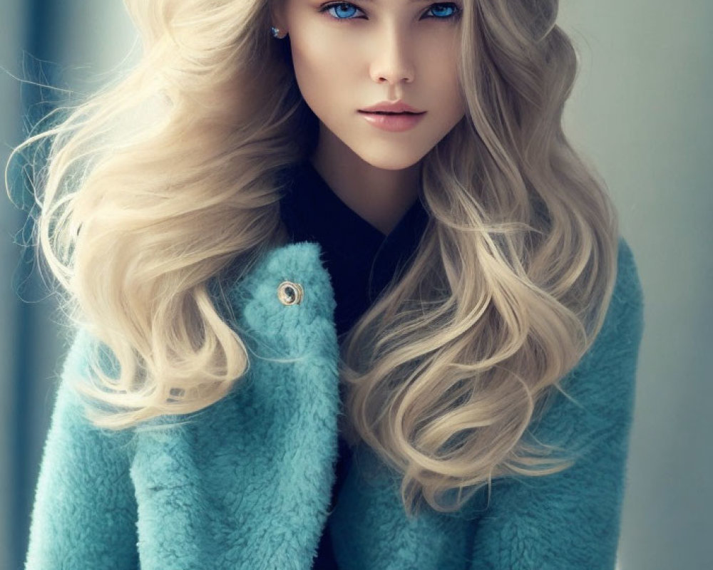 Blonde woman in teal fur coat with blue eyes