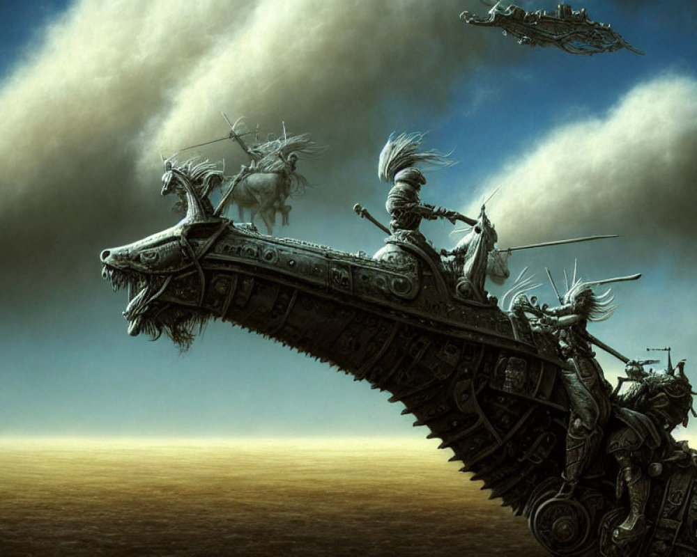 Fantastical artwork: Warriors on mechanical serpent with flying ship