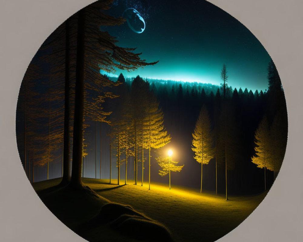 Circular Night Scene with Glowing Light, Trees, and Crescent Moon