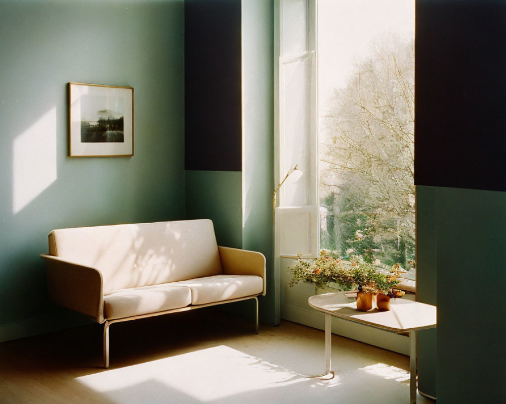 Beige sofa, sunlight window, plants, blue walls - cozy room decor.