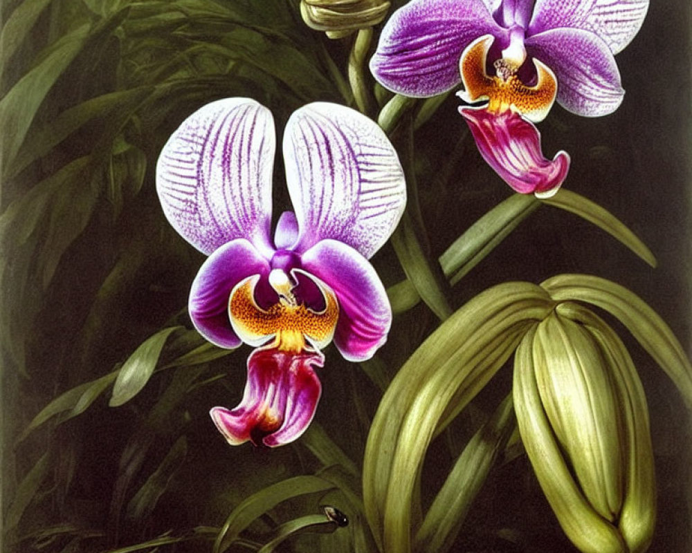 Detailed Purple and White Orchids Illustration with Lush Green Background