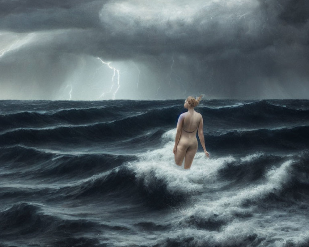 Person Contemplating Stormy Sea and Dark Clouds