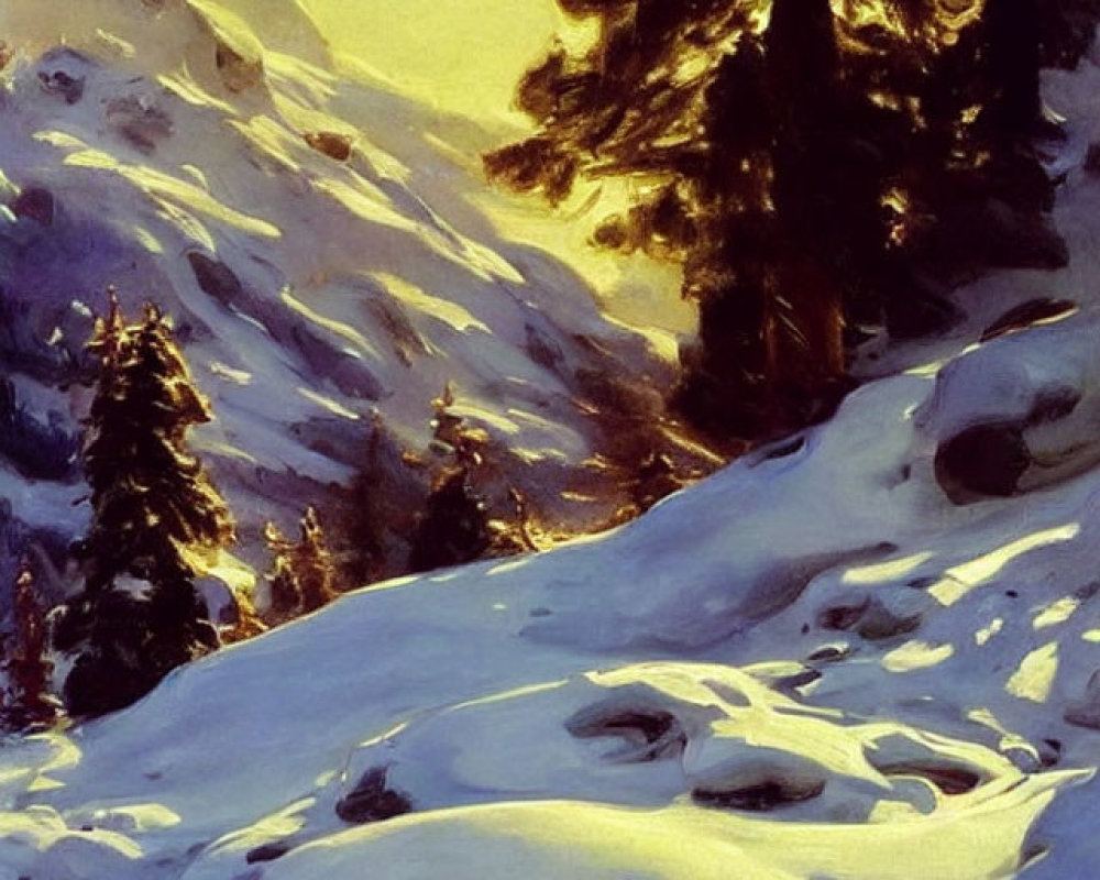 Snowy landscape painting with tall trees, mountain, warm sunlight, and shadows.