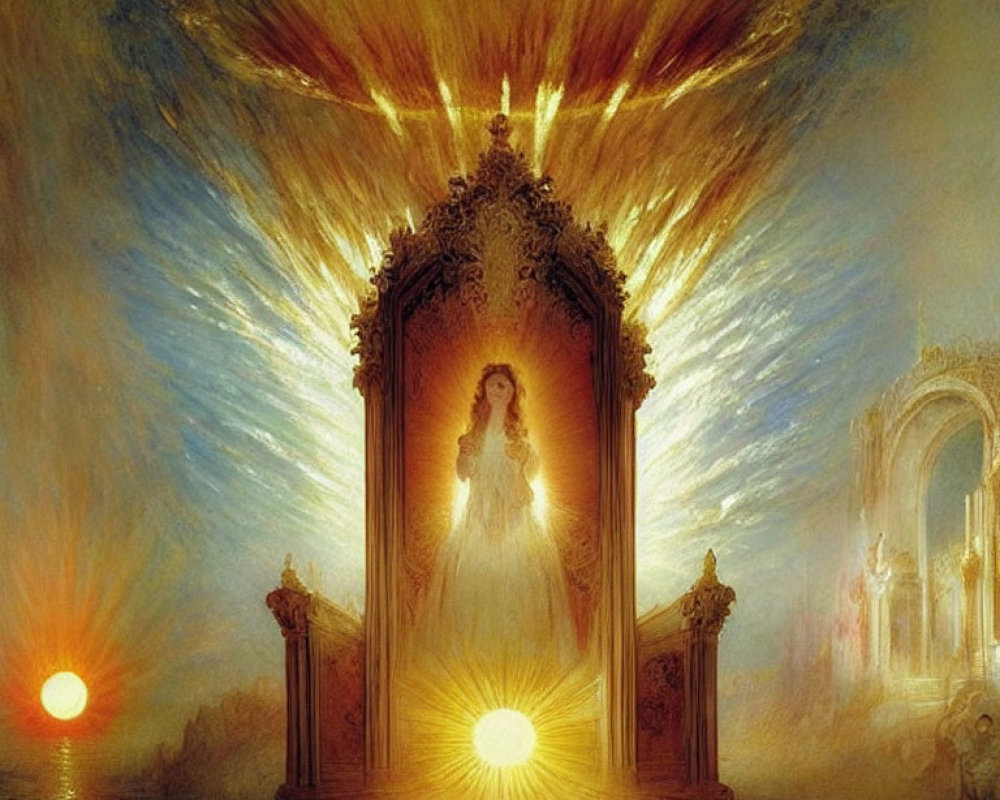 Radiant figure in glowing doorway between two suns with celestial colors.