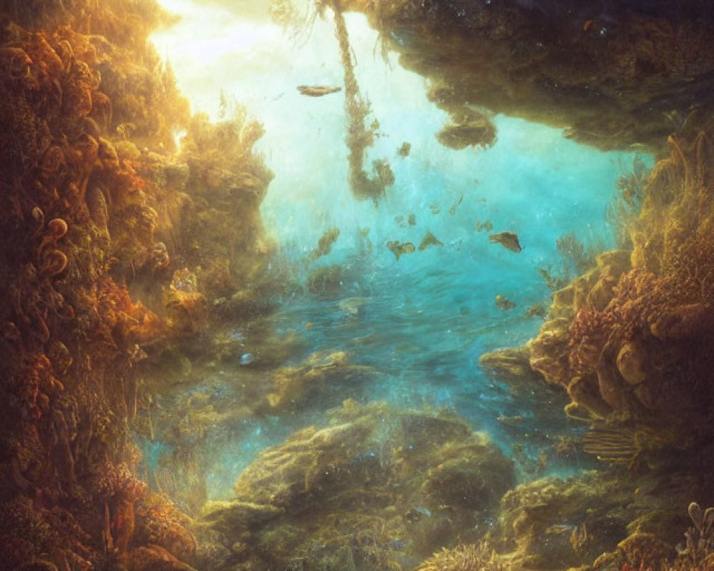 Sunlit underwater cave with fish, coral, rock formations, and sunken ship