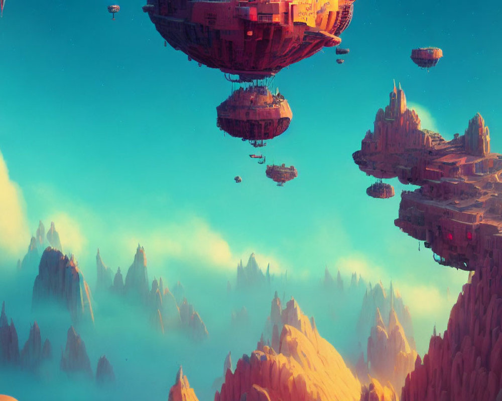 Fantastical landscape with floating islands and rock formations under teal and orange sky