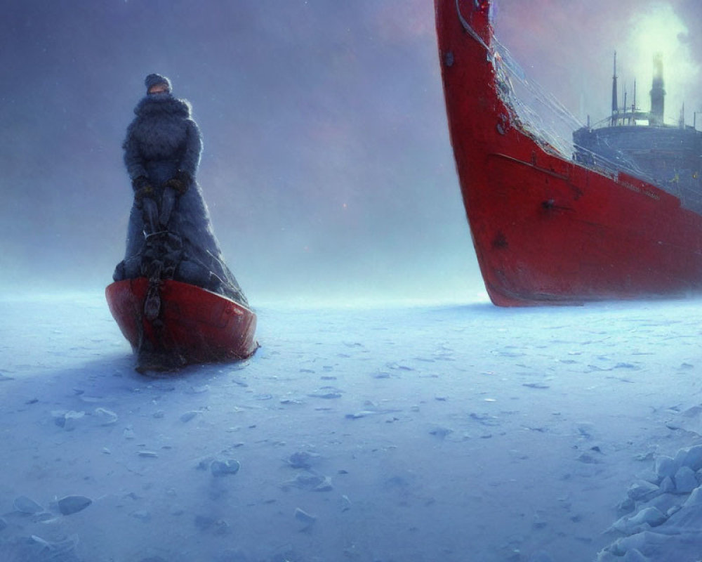 Person in Winter Clothing by Large Red Ship in Icy Terrain