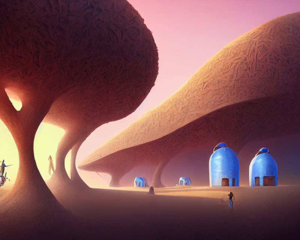 Whimsical landscape with oversized curved trees and blue dome-shaped structures