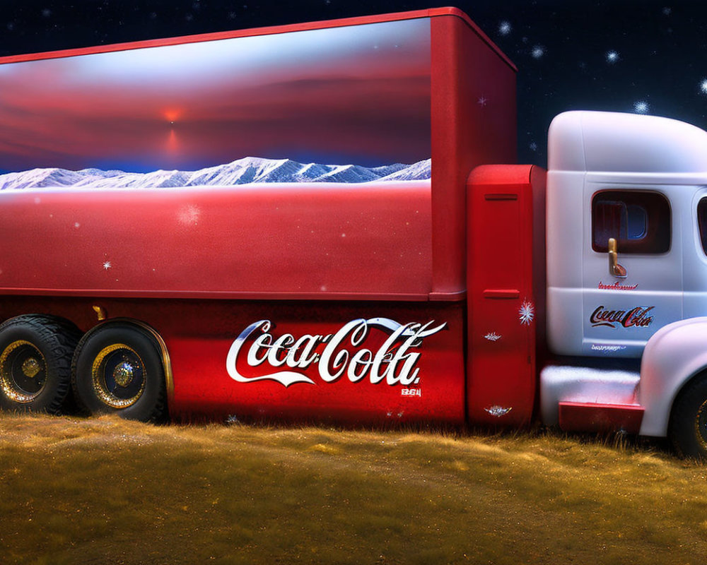 Branded Coca-Cola truck with mountain mural under starry sky