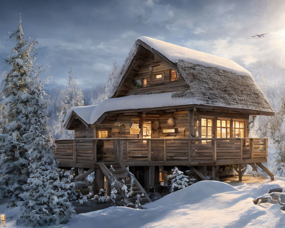 Snow-covered wooden cabin in winter forest with warm light and bird flying overhead