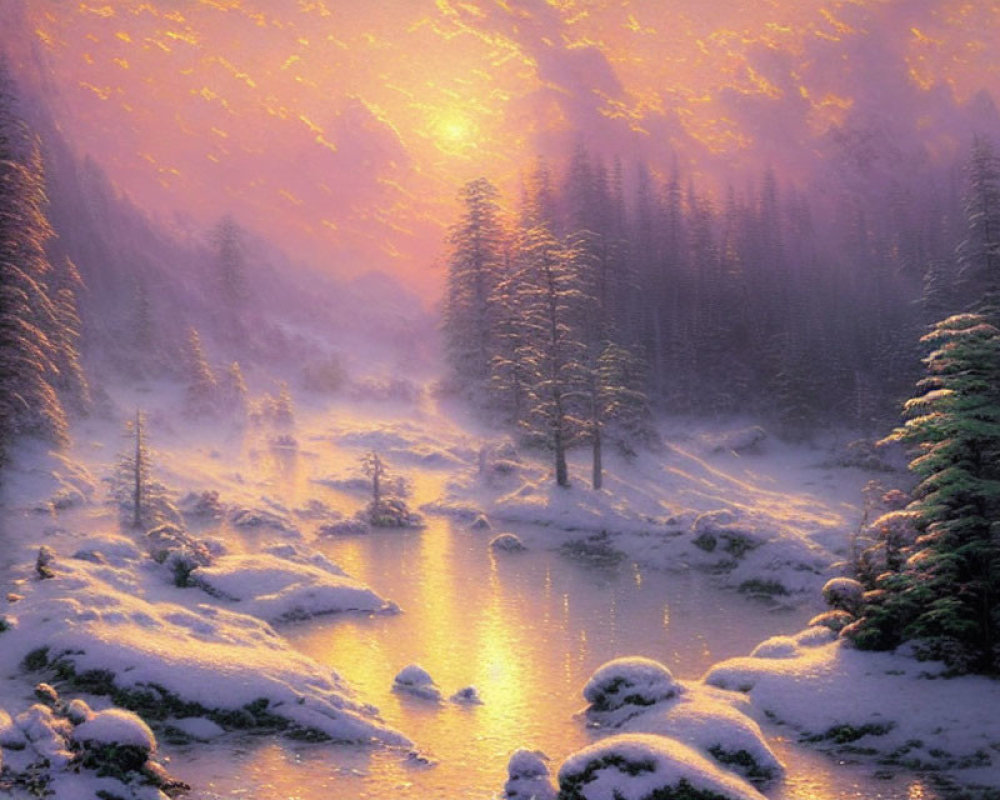 Tranquil snowy sunset scene with evergreen trees and river