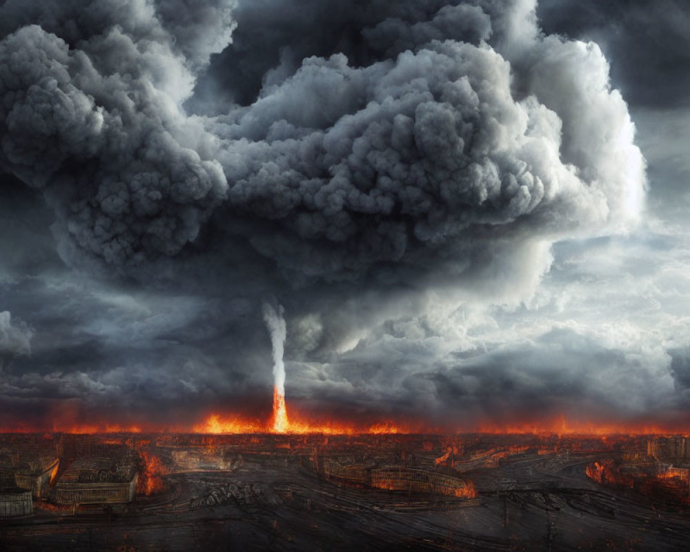 Volcanic eruption with massive ash clouds above fiery landscape