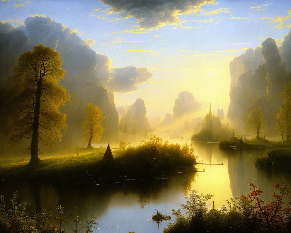 Tranquil landscape painting of serene river at dawn or dusk