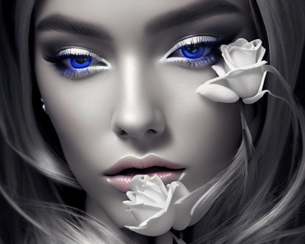 Monochromatic portrait of a woman with blue eyes and white roses.