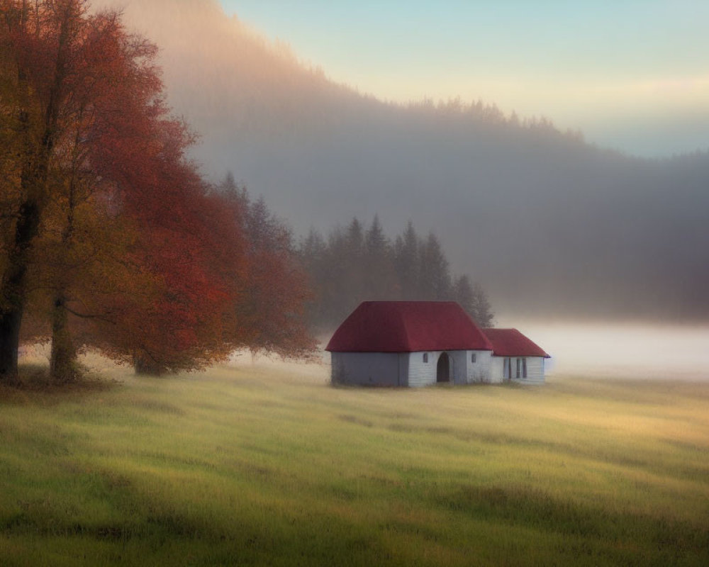 Autumn landscape with two white houses in misty meadow