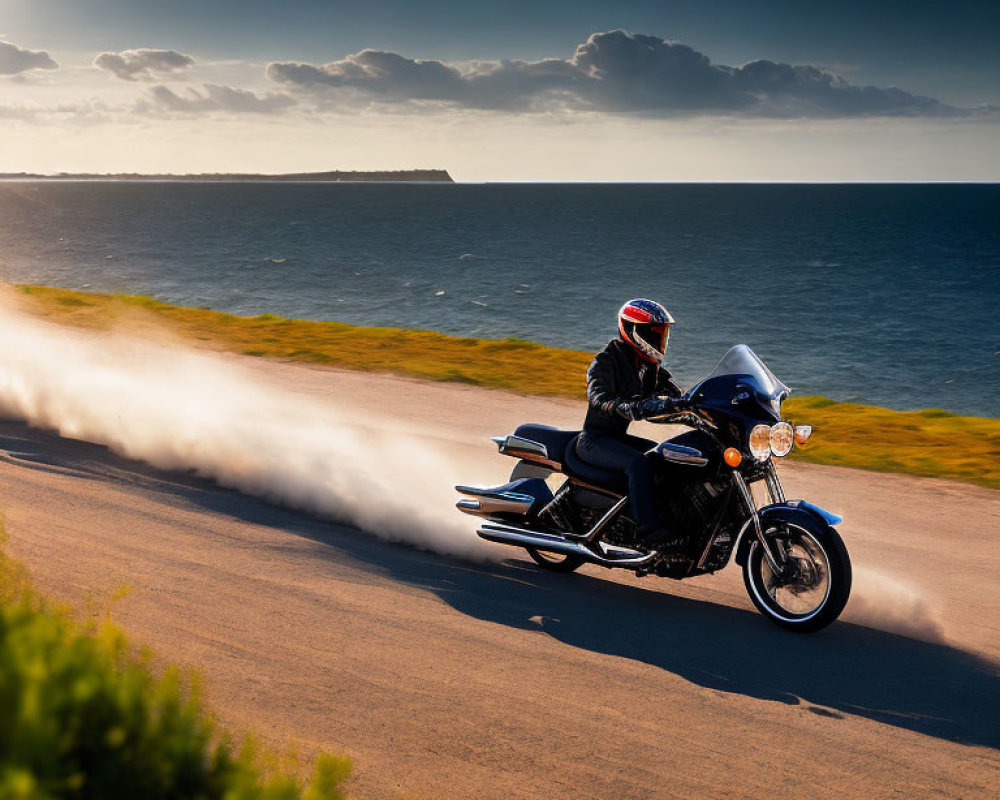 Motorcyclist riding coastal road at sunset with misty trail and ocean view