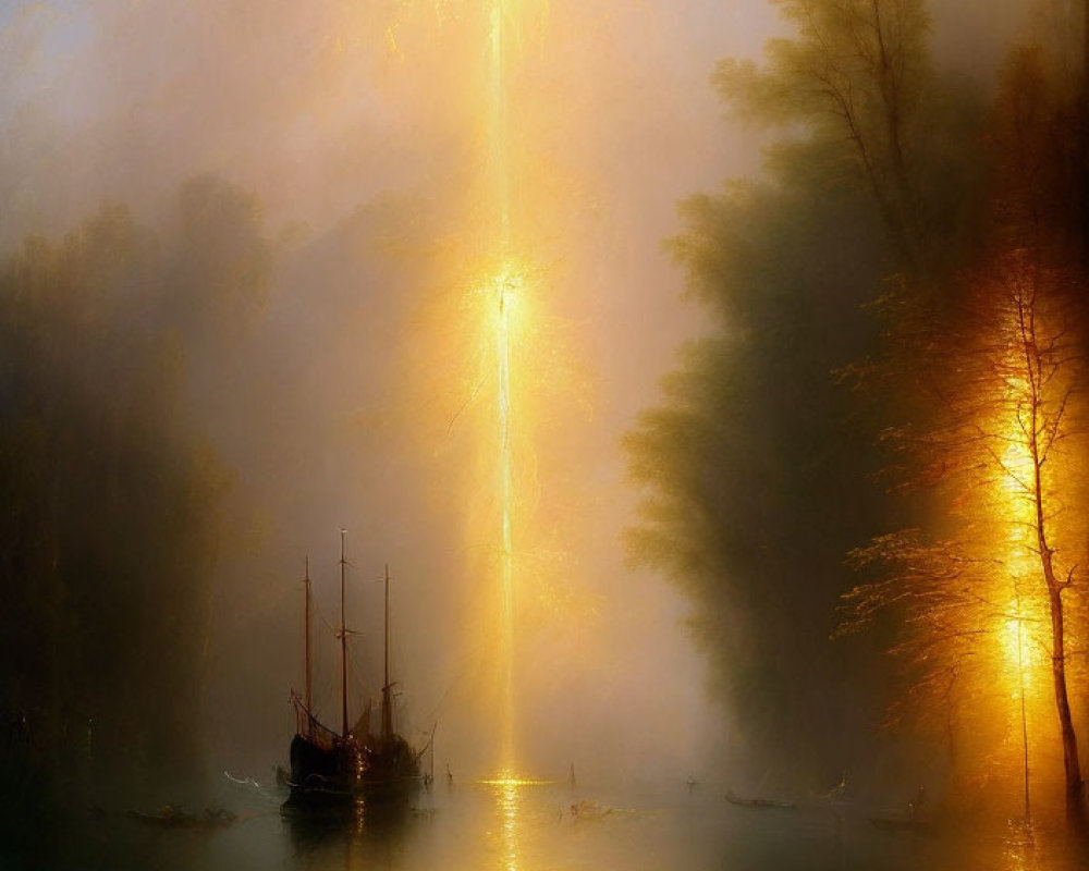 Tranquil painting of boats on misty river under sunlight