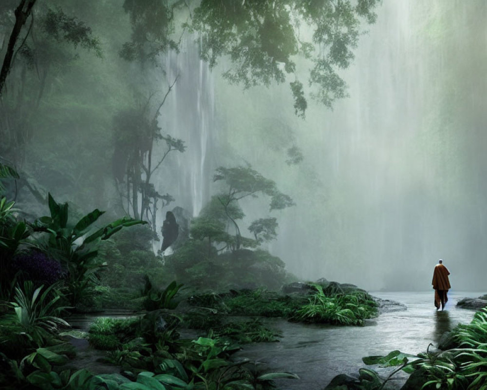 Tranquil forest scene with cascading waterfall and solitary figure