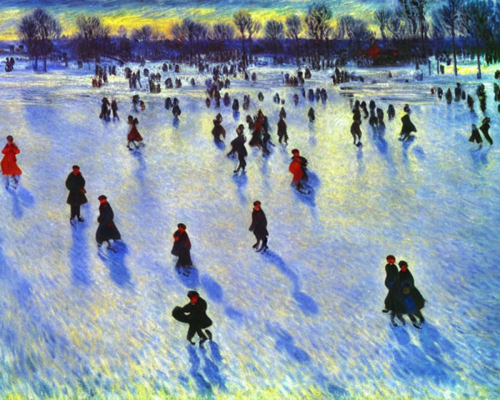 Colorful painting of people ice-skating on a frozen outdoor rink