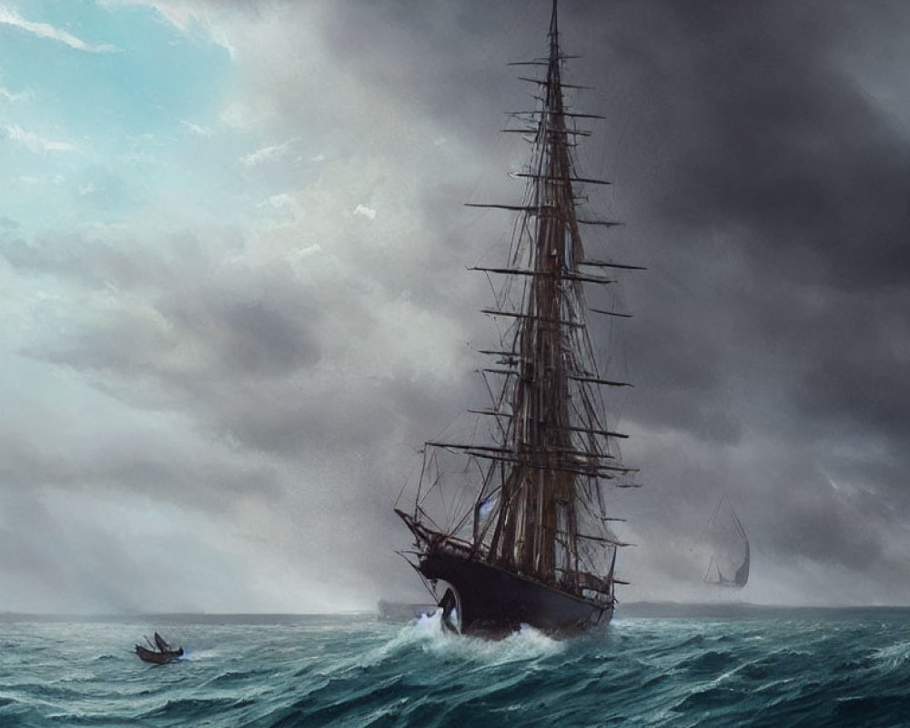 Tall ship sailing in turbulent seas with stormy sky and smaller boats around