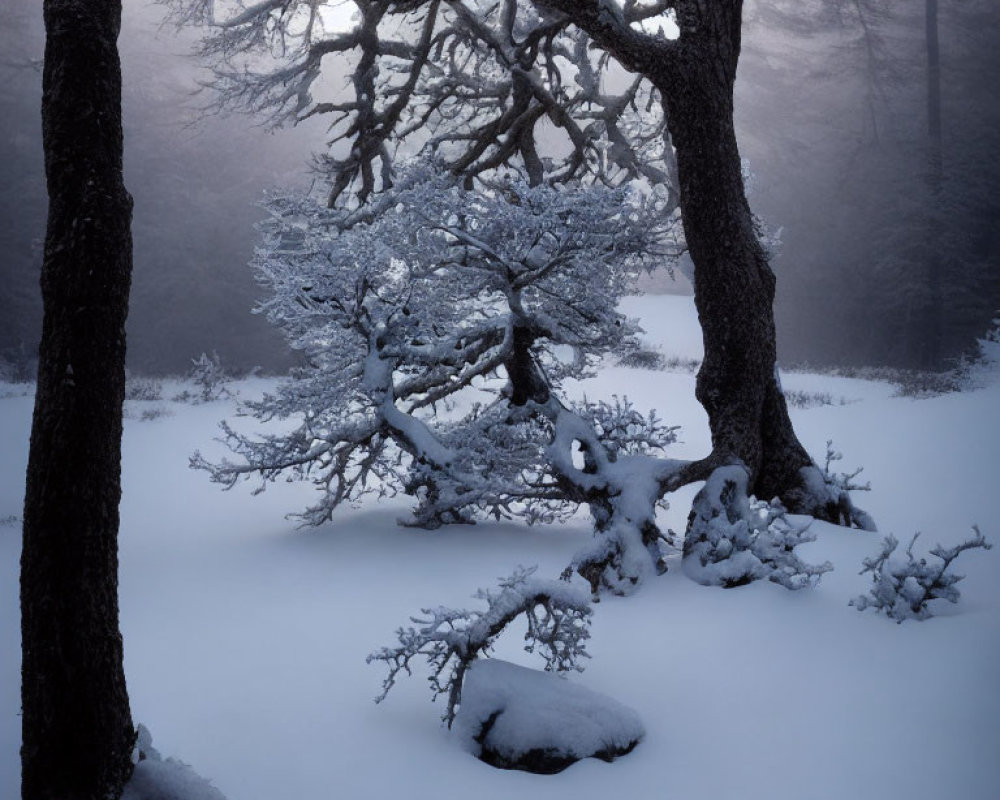 Misty wintry forest landscape with snow-covered twisted trees