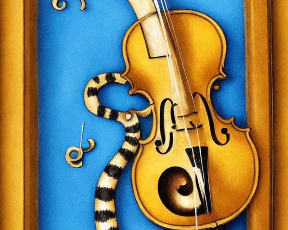 Smiling striped cat integrated into cello shape with bow and music notes