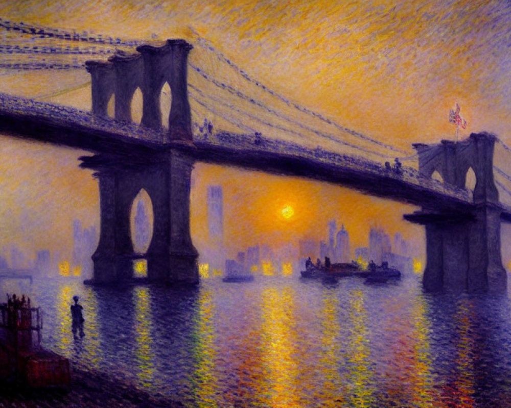 Sunset Impressionist Painting: Silhouetted Bridge, Reflective Water