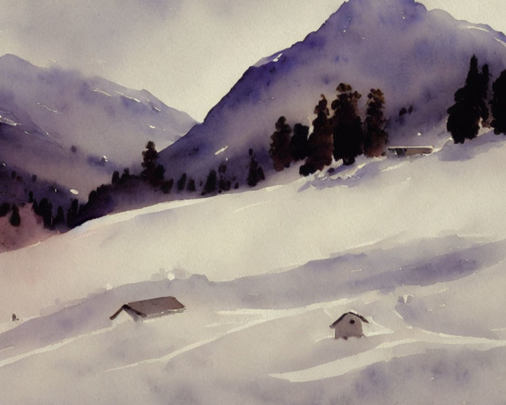 Snowy Mountain Landscape Watercolor Painting with Cabins and Evergreen Trees