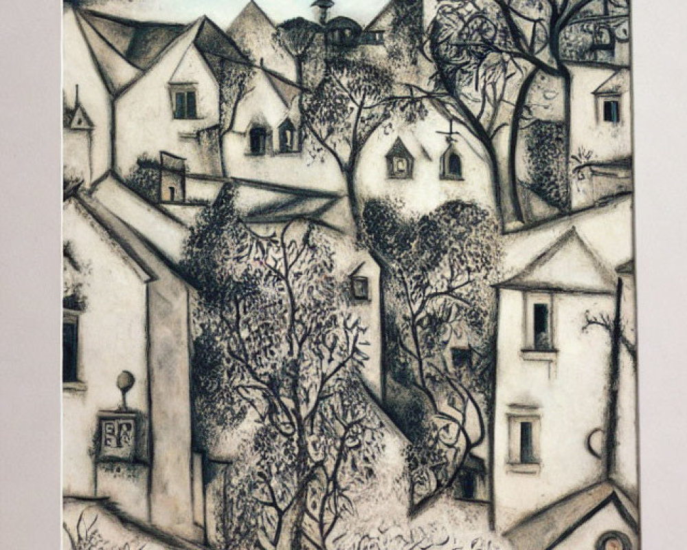 Whimsical village scene with intricate houses, trees, birds, and human figure