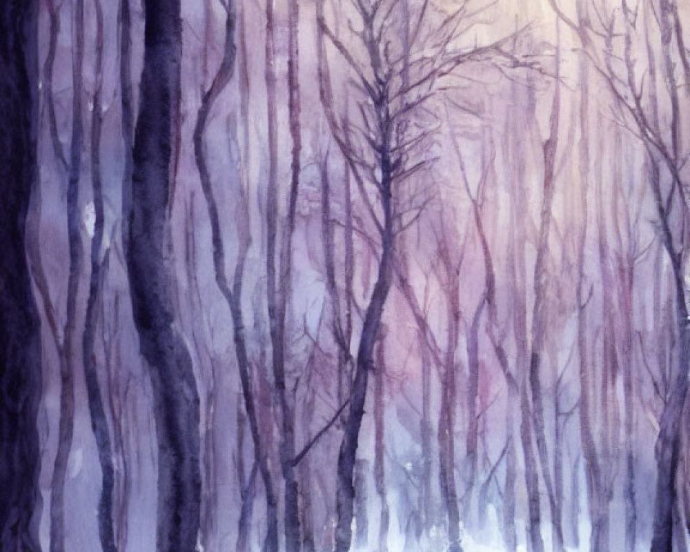 Purple-Hued Forest Watercolor Painting with Walking Figure