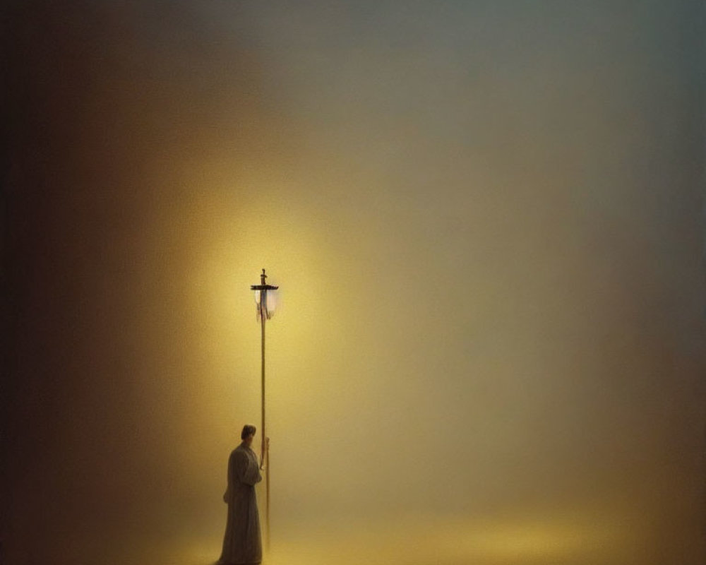 Figure under illuminated streetlamp in golden fog