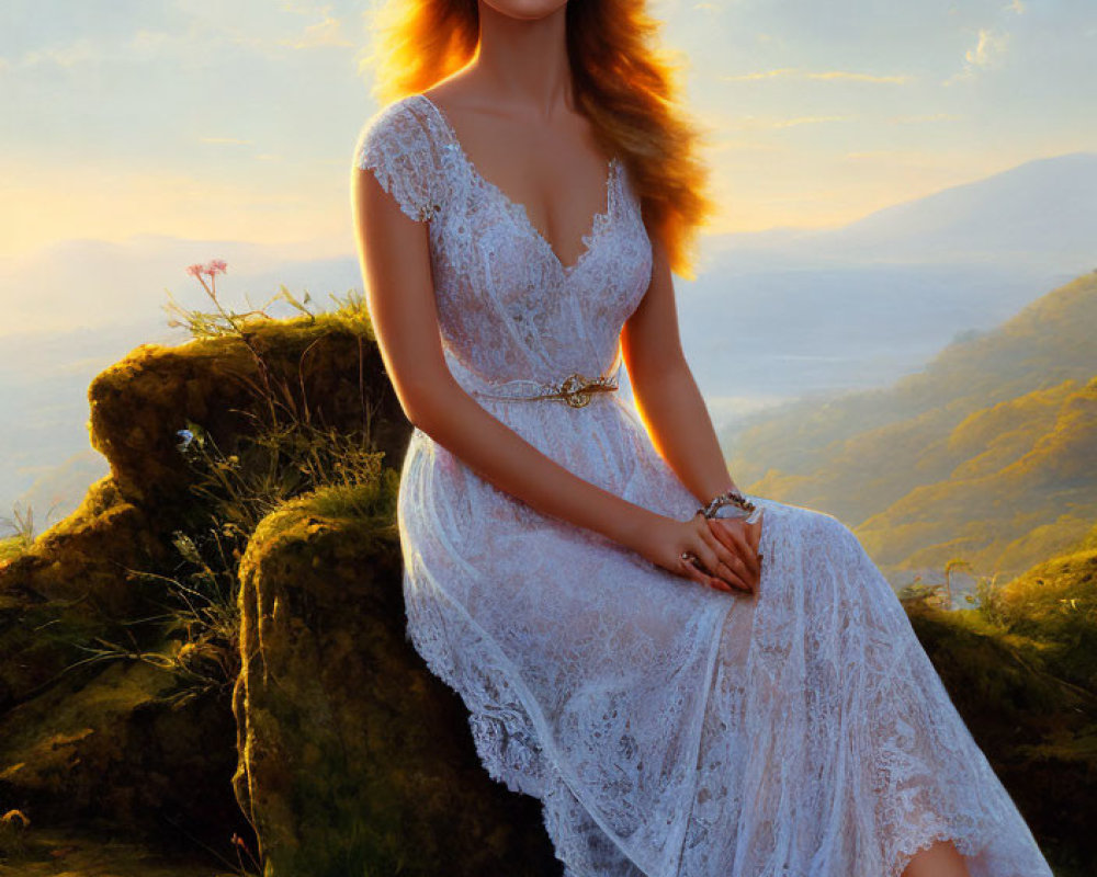 Woman in white lace dress at sunset on hill with serene landscape